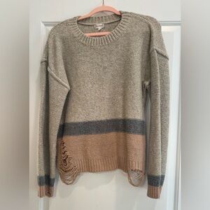 Hem & Thread Gray Crewneck Sweater with Tan Fringe Hem